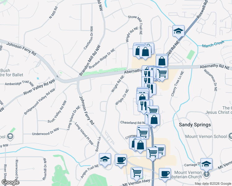 map of restaurants, bars, coffee shops, grocery stores, and more near 6575 Wright Road Northeast in Atlanta