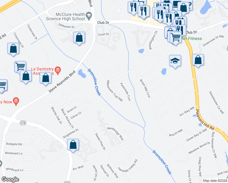 map of restaurants, bars, coffee shops, grocery stores, and more near 1349 Millstream Trail Northwest in Lawrenceville