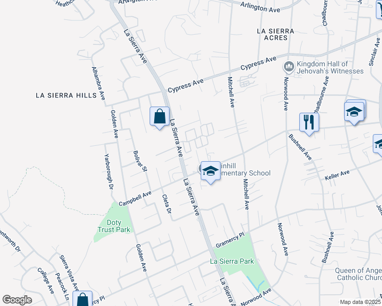 map of restaurants, bars, coffee shops, grocery stores, and more near 11027 Fairfield Court in Riverside