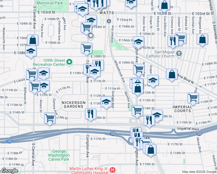 map of restaurants, bars, coffee shops, grocery stores, and more near 1705 East 111th Place in Los Angeles