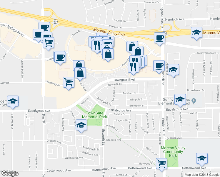 map of restaurants, bars, coffee shops, grocery stores, and more near 22560 Barons Court in Moreno Valley