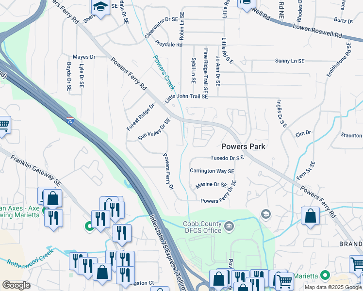 map of restaurants, bars, coffee shops, grocery stores, and more near 728 Gardenside Circle Southeast in Marietta