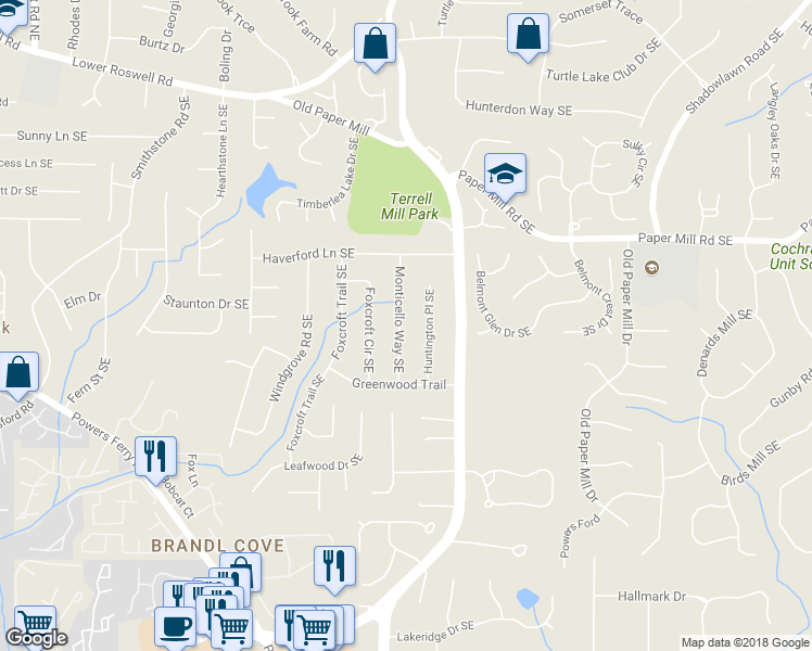 map of restaurants, bars, coffee shops, grocery stores, and more near 723 Monticello Way Southeast in Marietta