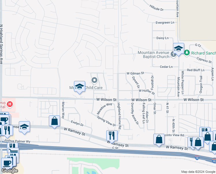 map of restaurants, bars, coffee shops, grocery stores, and more near 1034 Thompson Avenue in Banning