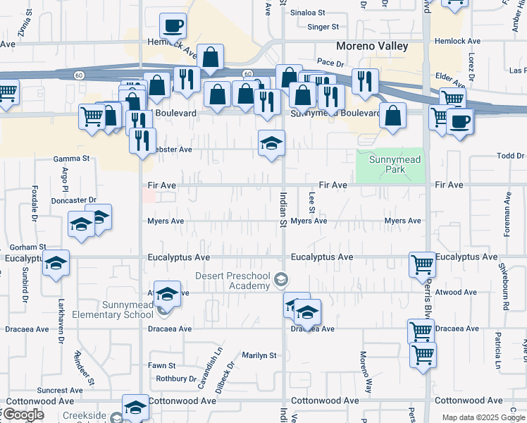 map of restaurants, bars, coffee shops, grocery stores, and more near 24410 Myers Avenue in Moreno Valley