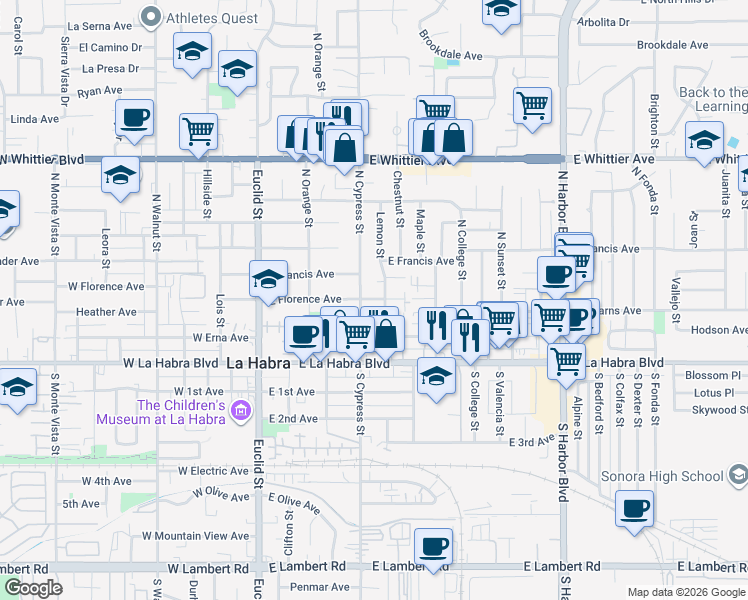 map of restaurants, bars, coffee shops, grocery stores, and more near 500 Jocelyn Drive in La Habra