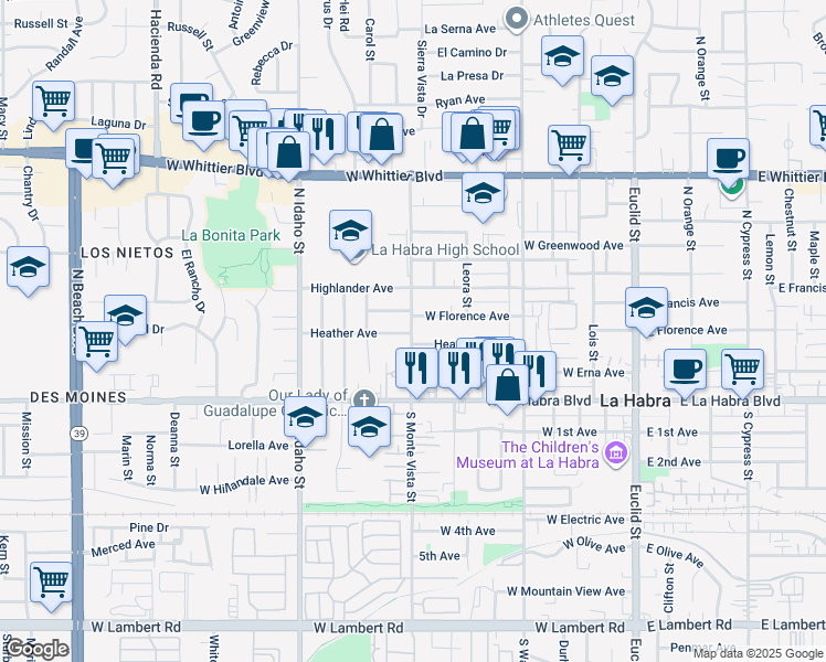 map of restaurants, bars, coffee shops, grocery stores, and more near 820 West Florence Avenue in La Habra