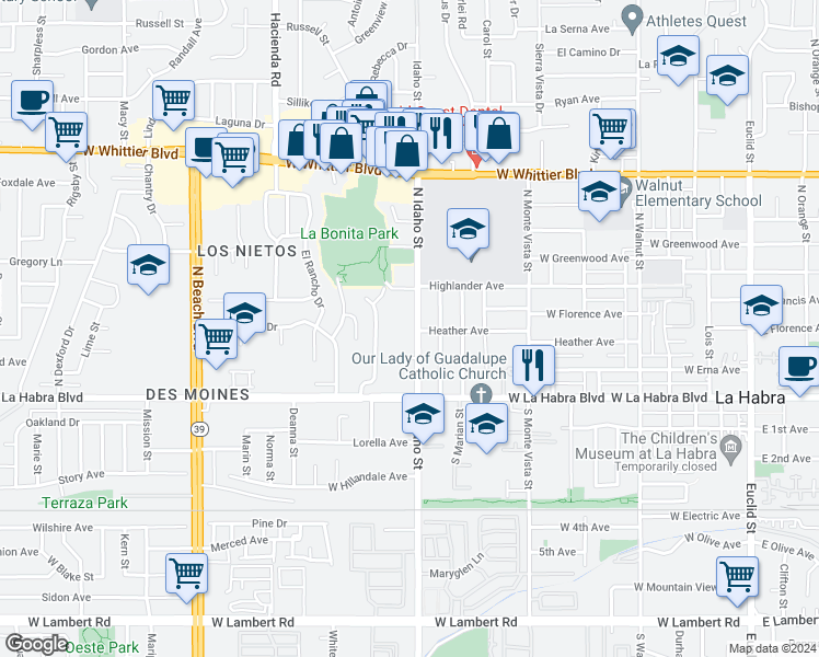 map of restaurants, bars, coffee shops, grocery stores, and more near 311 North Idaho Street in La Habra