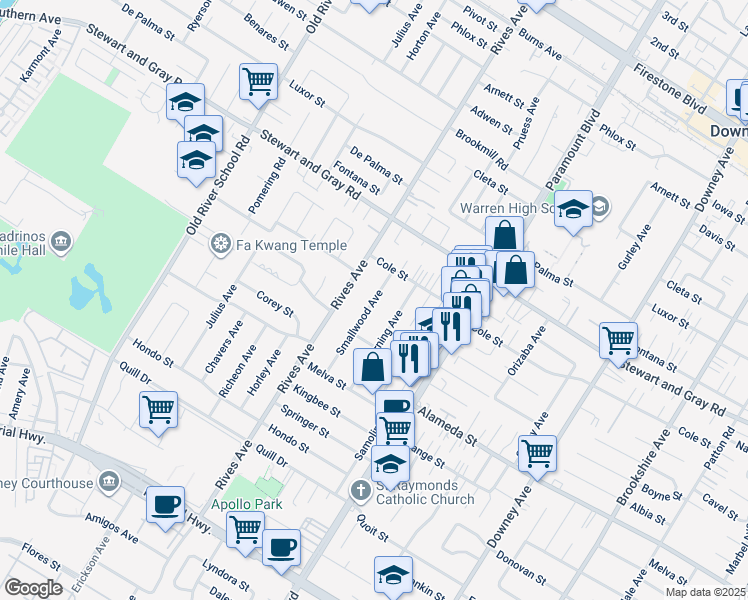 map of restaurants, bars, coffee shops, grocery stores, and more near 12037 Smallwood Avenue in Downey