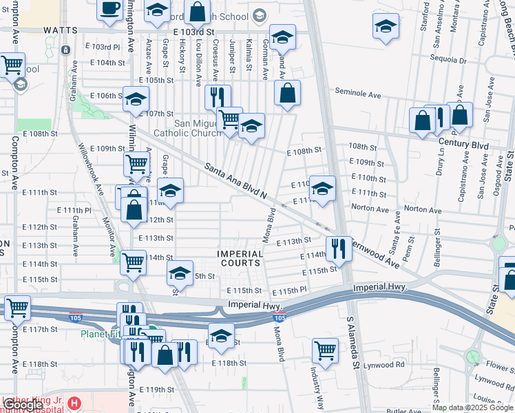 map of restaurants, bars, coffee shops, grocery stores, and more near 2319 Santa Ana Boulevard South in Los Angeles