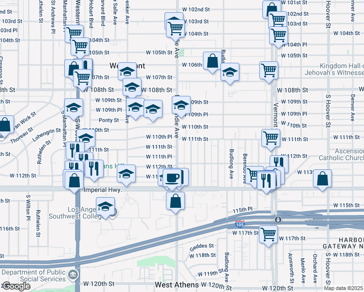 map of restaurants, bars, coffee shops, grocery stores, and more near 1400 West 110th Place in Los Angeles