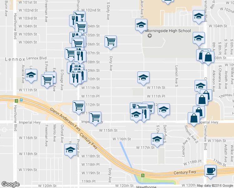 map of restaurants, bars, coffee shops, grocery stores, and more near 3716 West 111th Street in Inglewood