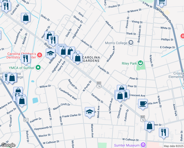 map of restaurants, bars, coffee shops, grocery stores, and more near 15 Morgan Avenue in Sumter