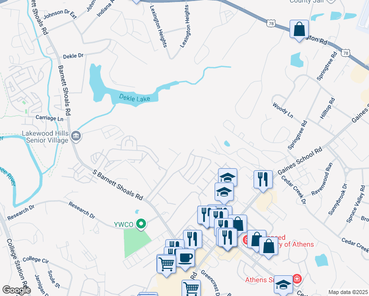 map of restaurants, bars, coffee shops, grocery stores, and more near 100-114 Woodsong Avenue in Athens