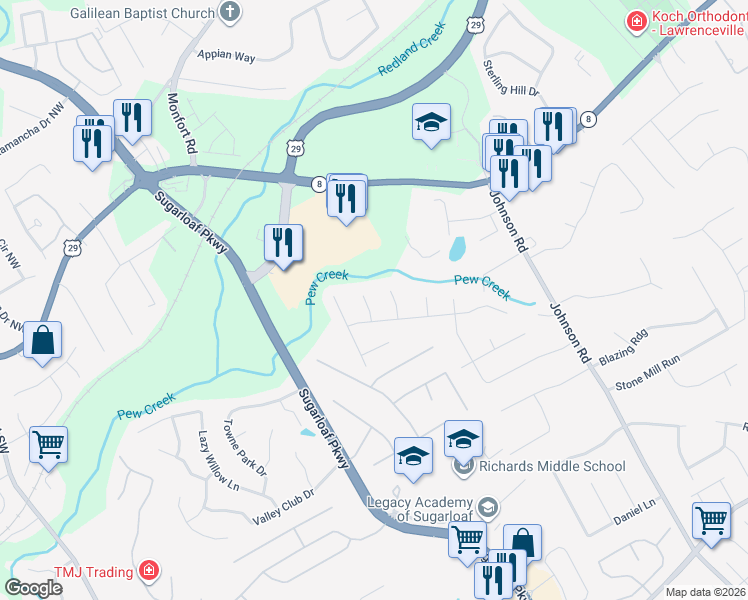 map of restaurants, bars, coffee shops, grocery stores, and more near 132 Grayland Creek Court in Lawrenceville
