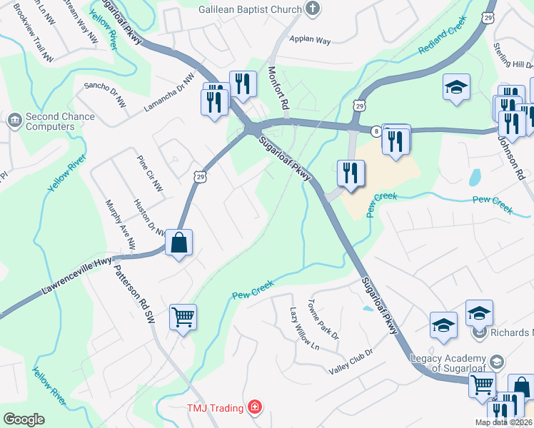 map of restaurants, bars, coffee shops, grocery stores, and more near 65 Caboose Court Northwest in Lawrenceville