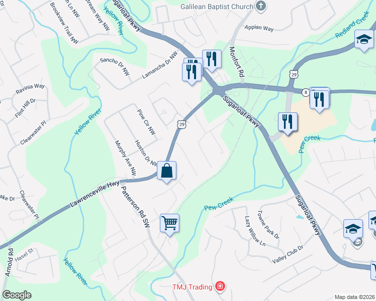 map of restaurants, bars, coffee shops, grocery stores, and more near 1671 Cannonball Court Northwest in Lawrenceville