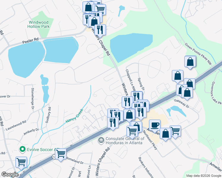 map of restaurants, bars, coffee shops, grocery stores, and more near 2900 Winter Rose Court in Atlanta