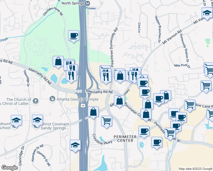 map of restaurants, bars, coffee shops, grocery stores, and more near 400 Peachtree Dunwoody Road in Sandy Springs