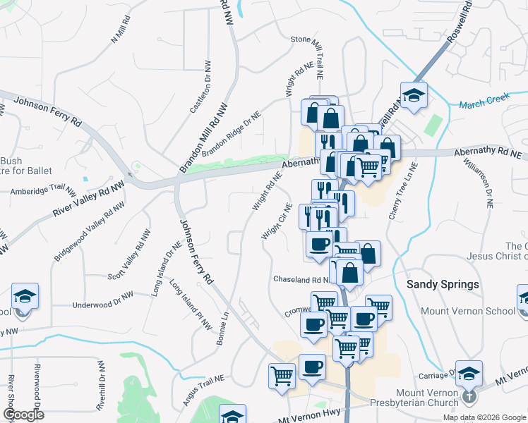 map of restaurants, bars, coffee shops, grocery stores, and more near 6575 Wright Road Northeast in Atlanta