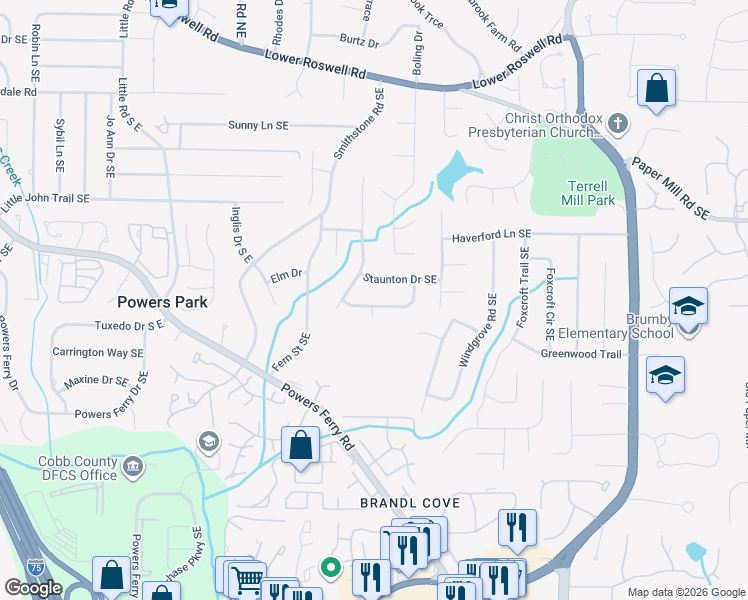 map of restaurants, bars, coffee shops, grocery stores, and more near 2770 Staunton Drive Southeast in Marietta