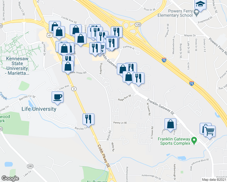 map of restaurants, bars, coffee shops, grocery stores, and more near 779 Wylie Road in Marietta