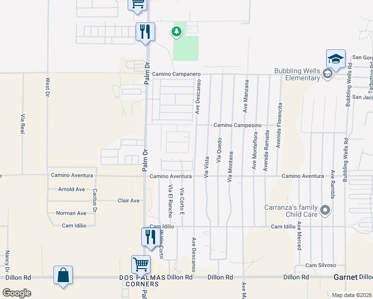 map of restaurants, bars, coffee shops, grocery stores, and more near 65196 Avenida De Nuves in Desert Hot Springs