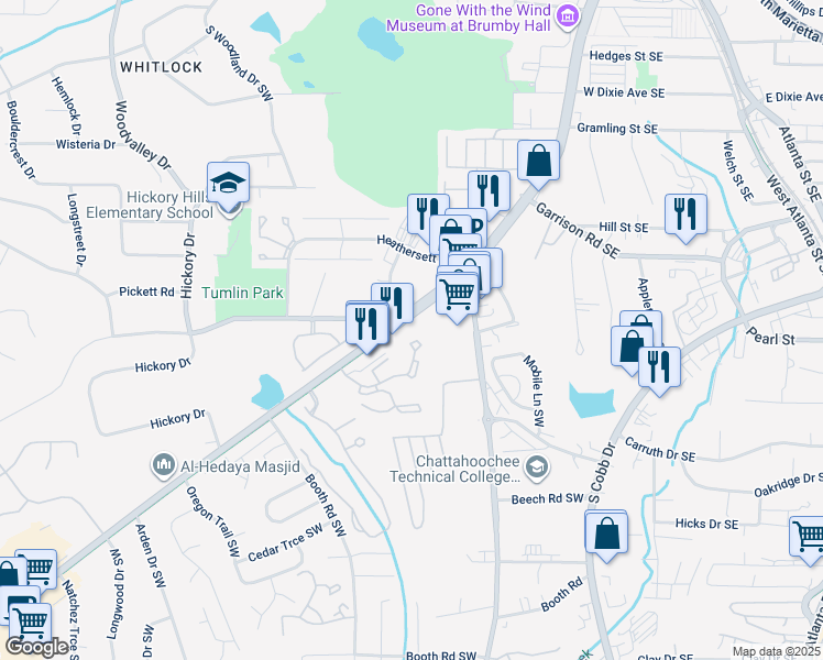 map of restaurants, bars, coffee shops, grocery stores, and more near 761 Georgia 360 in Marietta