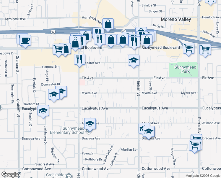 map of restaurants, bars, coffee shops, grocery stores, and more near 24270 Myers Avenue in Moreno Valley