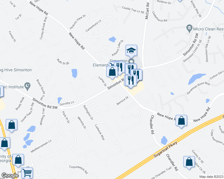 map of restaurants, bars, coffee shops, grocery stores, and more near 166 Simonton Road Southeast in Lawrenceville
