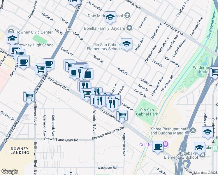 map of restaurants, bars, coffee shops, grocery stores, and more near 9343 Fostoria St in Downey