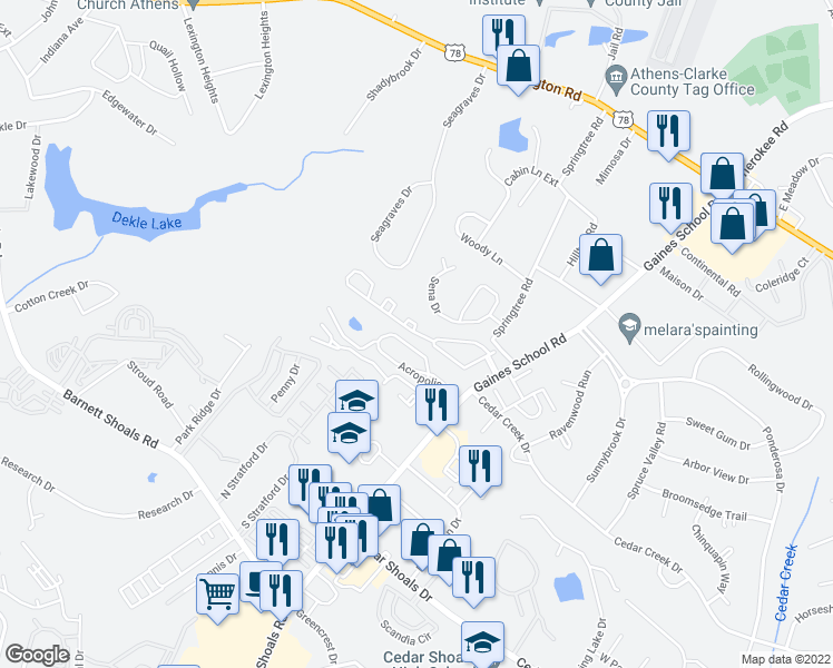 map of restaurants, bars, coffee shops, grocery stores, and more near 117 Ashley Circle in Athens