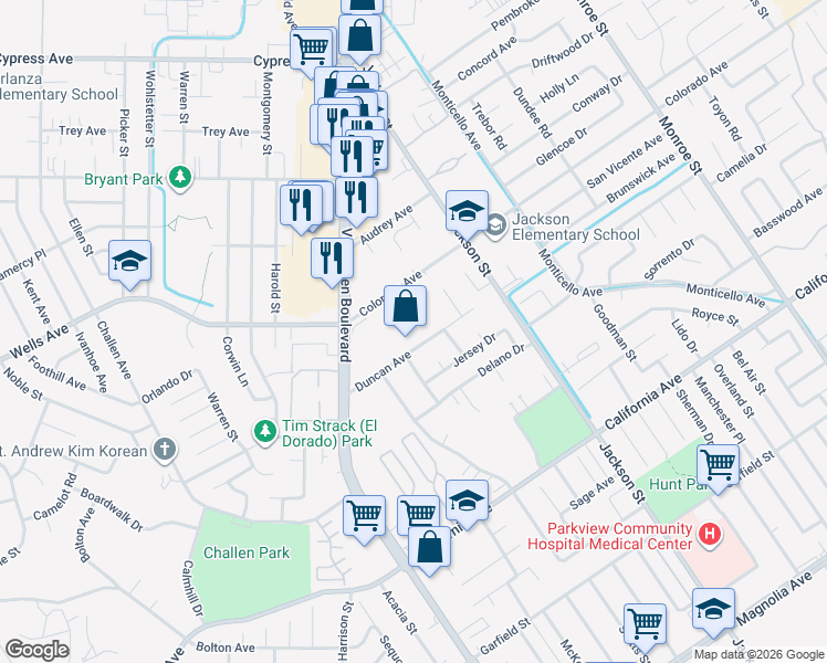 map of restaurants, bars, coffee shops, grocery stores, and more near 9261 Duncan Avenue in Riverside