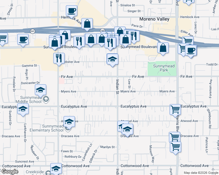 map of restaurants, bars, coffee shops, grocery stores, and more near 24446 Myers Avenue in Moreno Valley