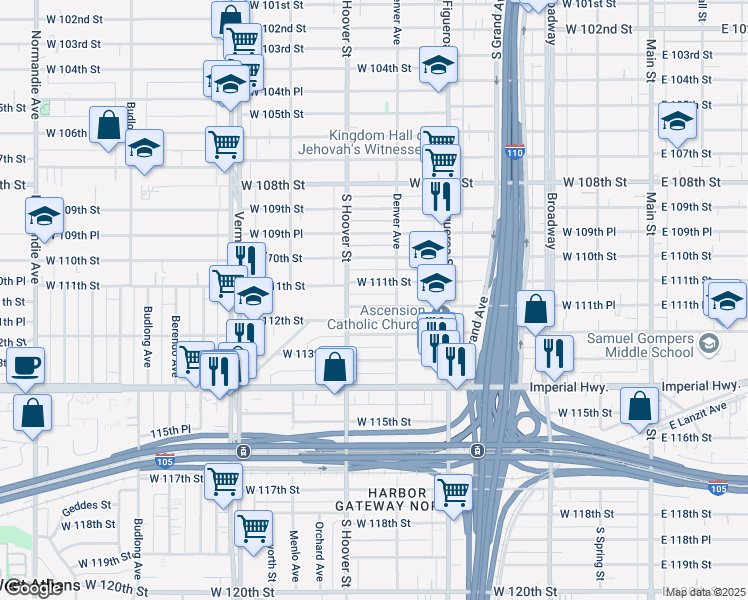 map of restaurants, bars, coffee shops, grocery stores, and more near 627 West 111th Place in Los Angeles