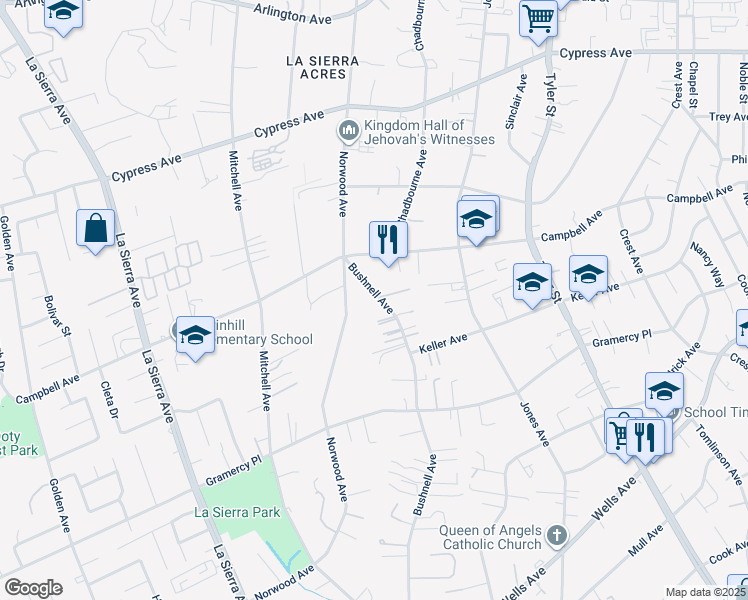 map of restaurants, bars, coffee shops, grocery stores, and more near 5510 Bushnell Avenue in Riverside