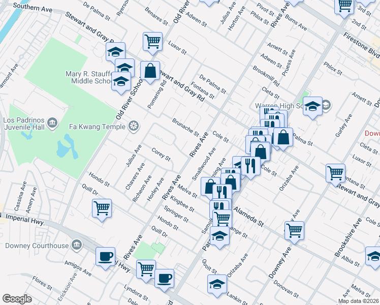 map of restaurants, bars, coffee shops, grocery stores, and more near 12073 Rives Avenue in Downey