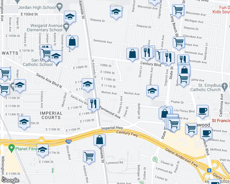 map of restaurants, bars, coffee shops, grocery stores, and more near 2723 Norton Avenue in Lynwood
