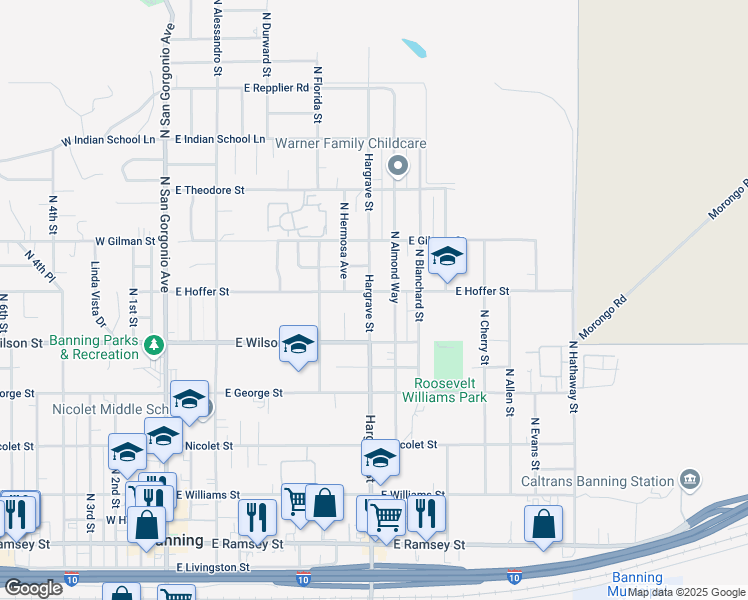 map of restaurants, bars, coffee shops, grocery stores, and more near 998 North Hargrave Street in Banning