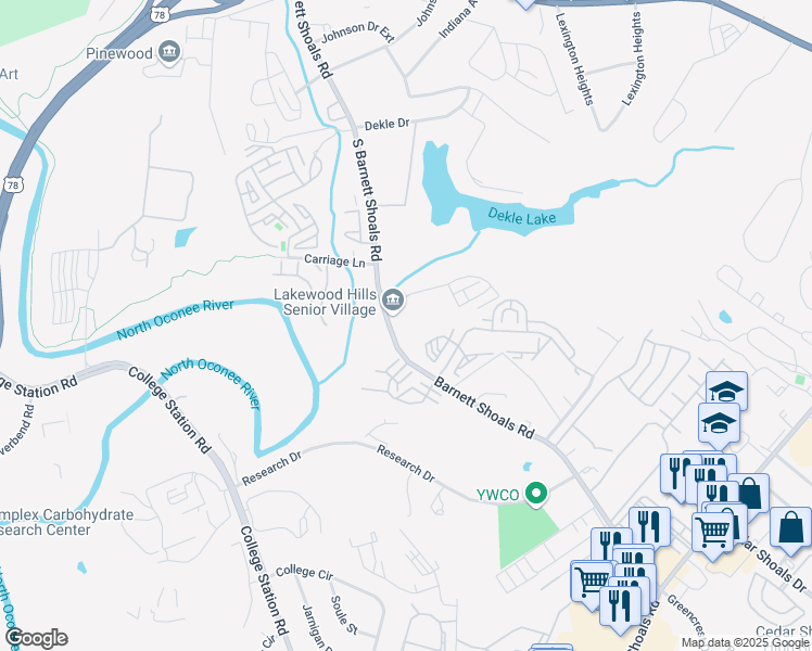 map of restaurants, bars, coffee shops, grocery stores, and more near 1025 South Barnett Shoals Road in Athens