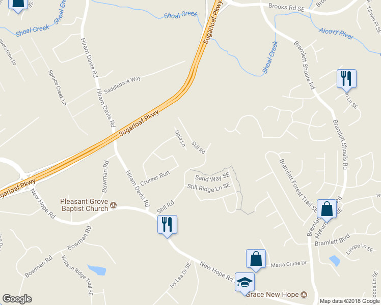 map of restaurants, bars, coffee shops, grocery stores, and more near 1274 Opie Lane in Lawrenceville