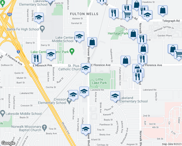 map of restaurants, bars, coffee shops, grocery stores, and more near 810 Pioneer Boulevard in Santa Fe Springs