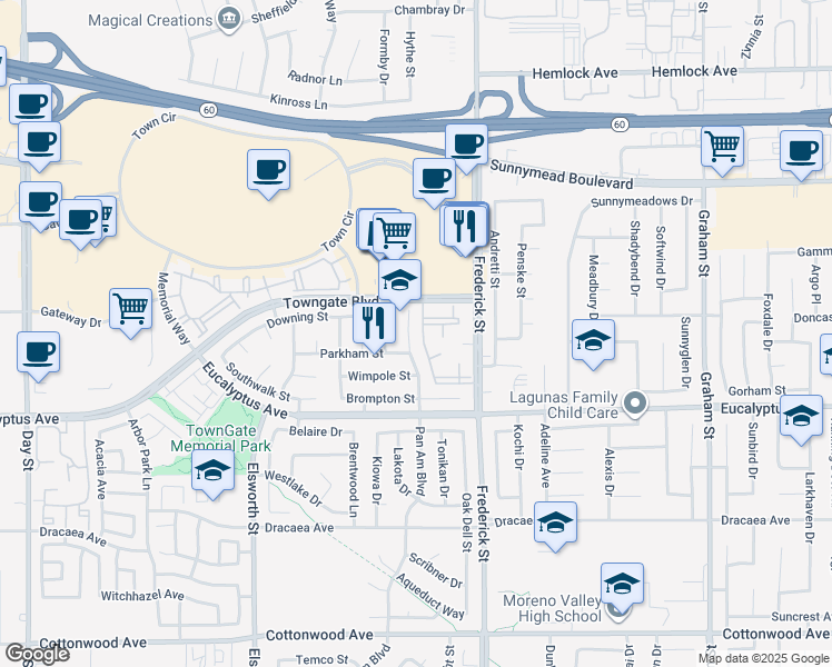 map of restaurants, bars, coffee shops, grocery stores, and more near 12820 Pan Am Boulevard in Moreno Valley