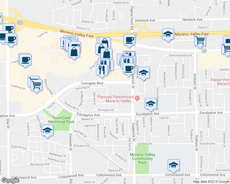 map of restaurants, bars, coffee shops, grocery stores, and more near 12820 Pan Am Boulevard in Moreno Valley