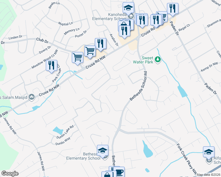 map of restaurants, bars, coffee shops, grocery stores, and more near 2823 Loral Pines Drive Northwest in Lawrenceville