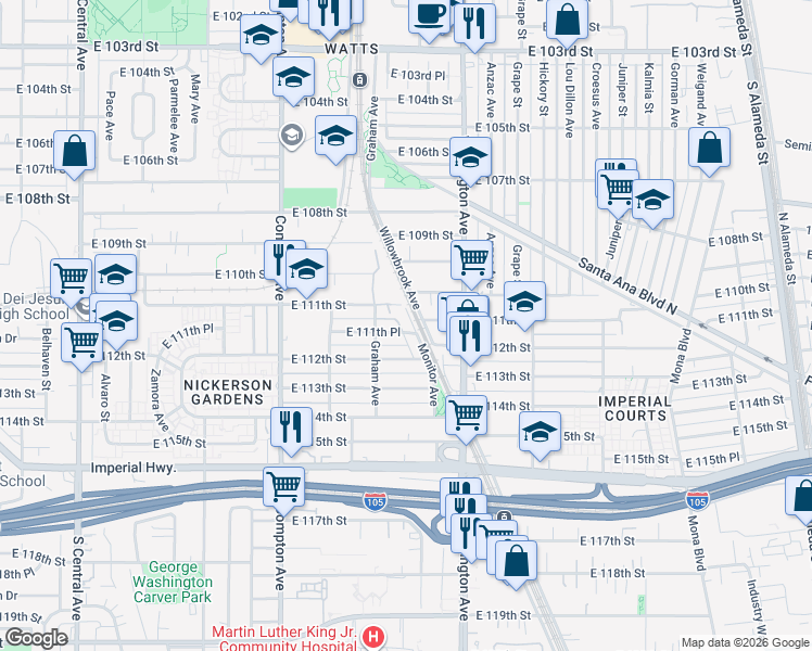 map of restaurants, bars, coffee shops, grocery stores, and more near 11123 Monitor Avenue in Los Angeles
