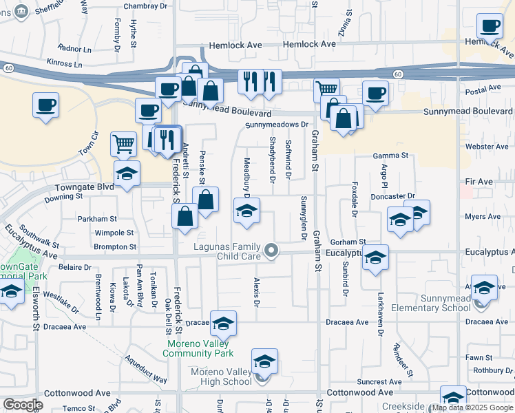 map of restaurants, bars, coffee shops, grocery stores, and more near 23284 Brookhaven Drive in Moreno Valley