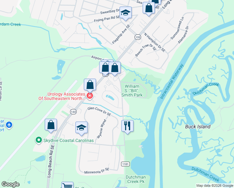 map of restaurants, bars, coffee shops, grocery stores, and more near 4163 Cambridge Cove Road in Southport