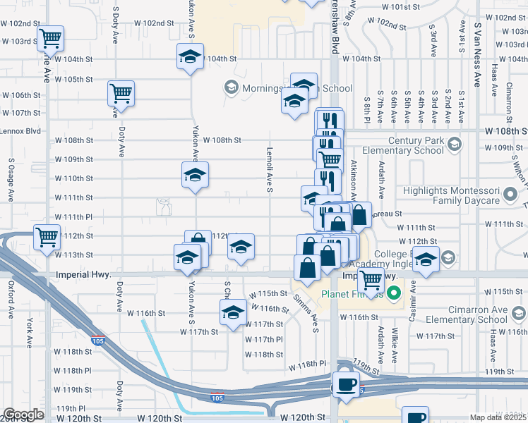 map of restaurants, bars, coffee shops, grocery stores, and more near 11125 Lemoli Avenue South in Inglewood