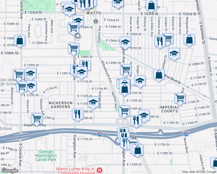map of restaurants, bars, coffee shops, grocery stores, and more near 11123 Monitor Avenue in Los Angeles